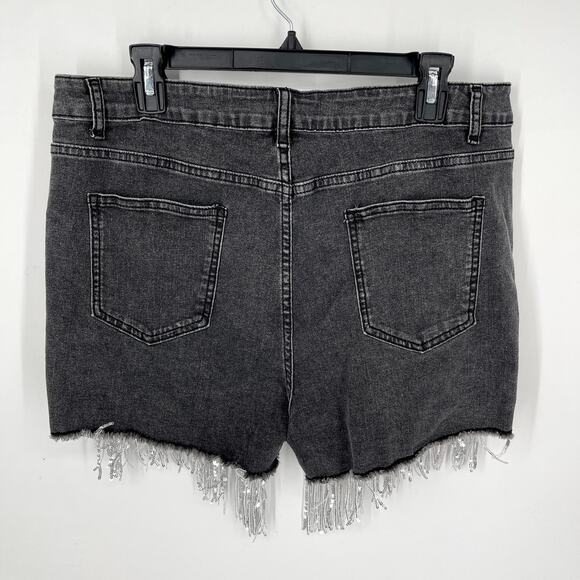 Black Stonewash Sequin Fringe Rhinestone Pearl Beads Shorts Sz XXL Stretch Denim - Picture 7 of 12
